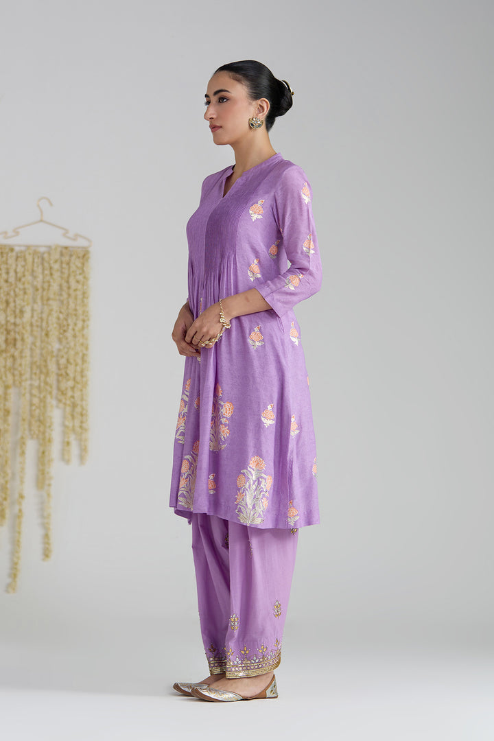 Gulnaar Lilac Foil Print Pintuck Kurta With Embroidered Salwar And Dupatta ( Set Of 3)