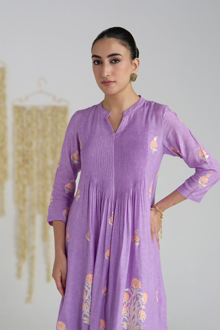 Gulnaar Lilac Foil Print Pintuck Kurta With Embroidered Salwar And Dupatta ( Set Of 3)