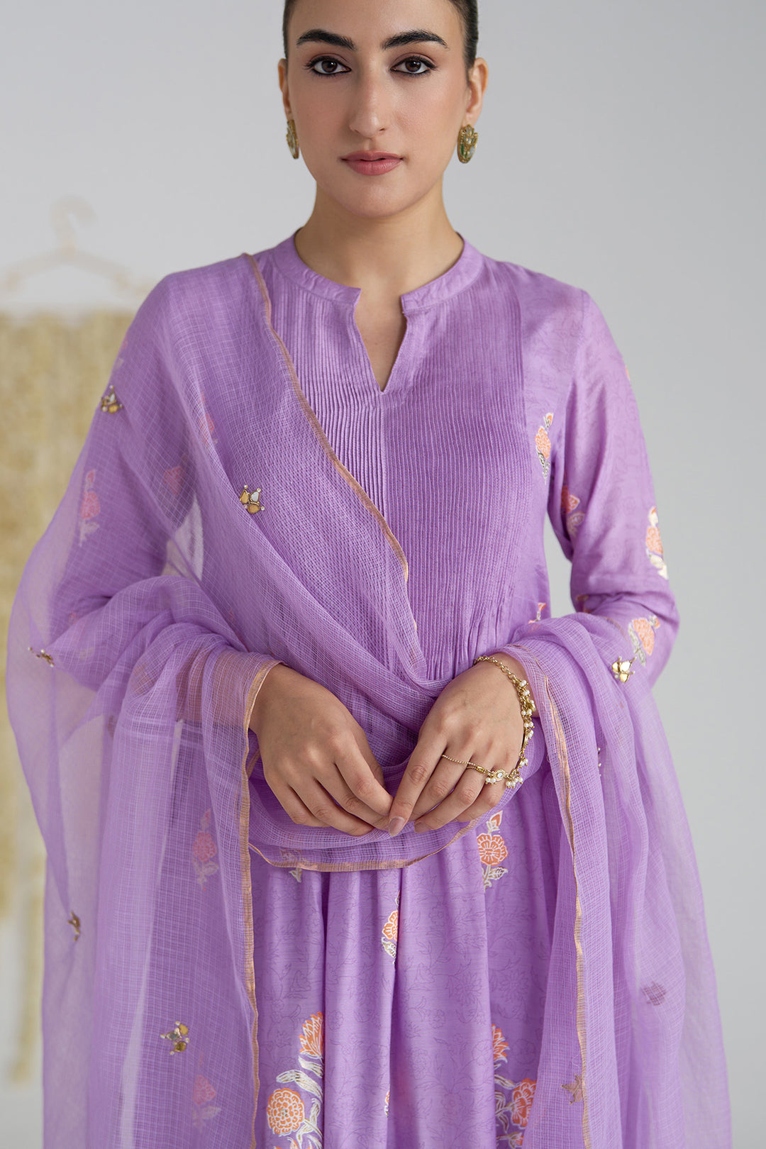 Gulnaar Lilac Foil Print Pintuck Kurta With Embroidered Salwar And Dupatta ( Set Of 3)