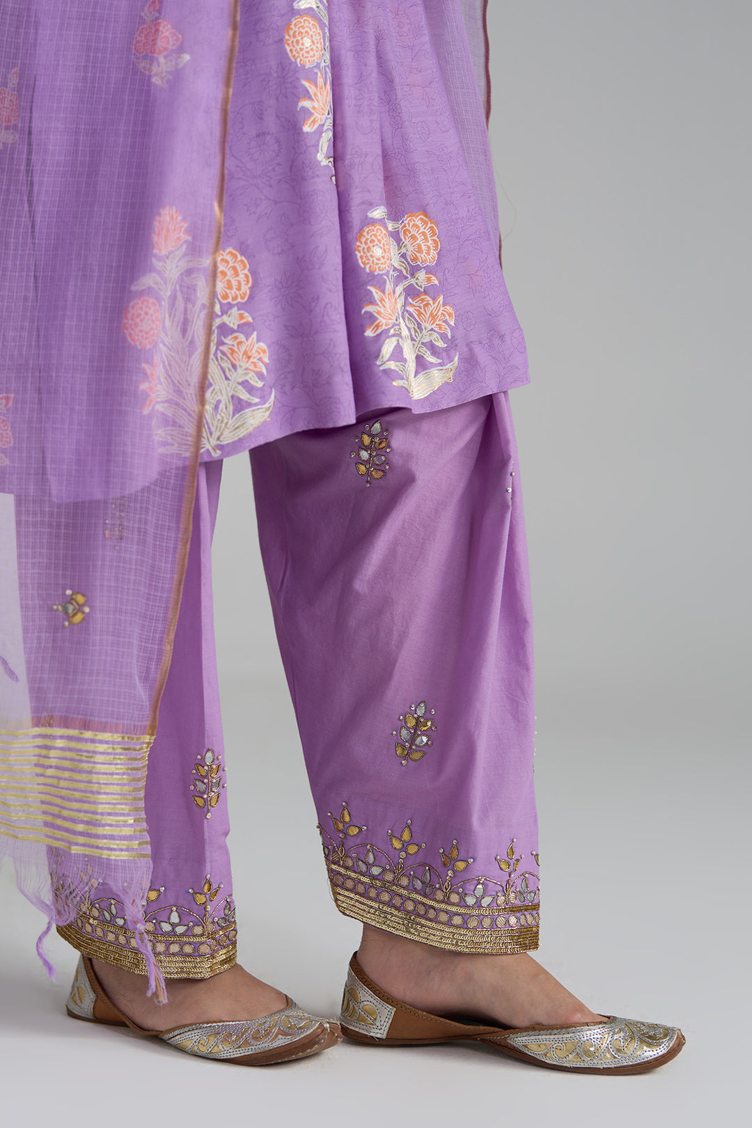 Gulnaar Lilac Foil Print Pintuck Kurta With Embroidered Salwar And Dupatta ( Set Of 3)