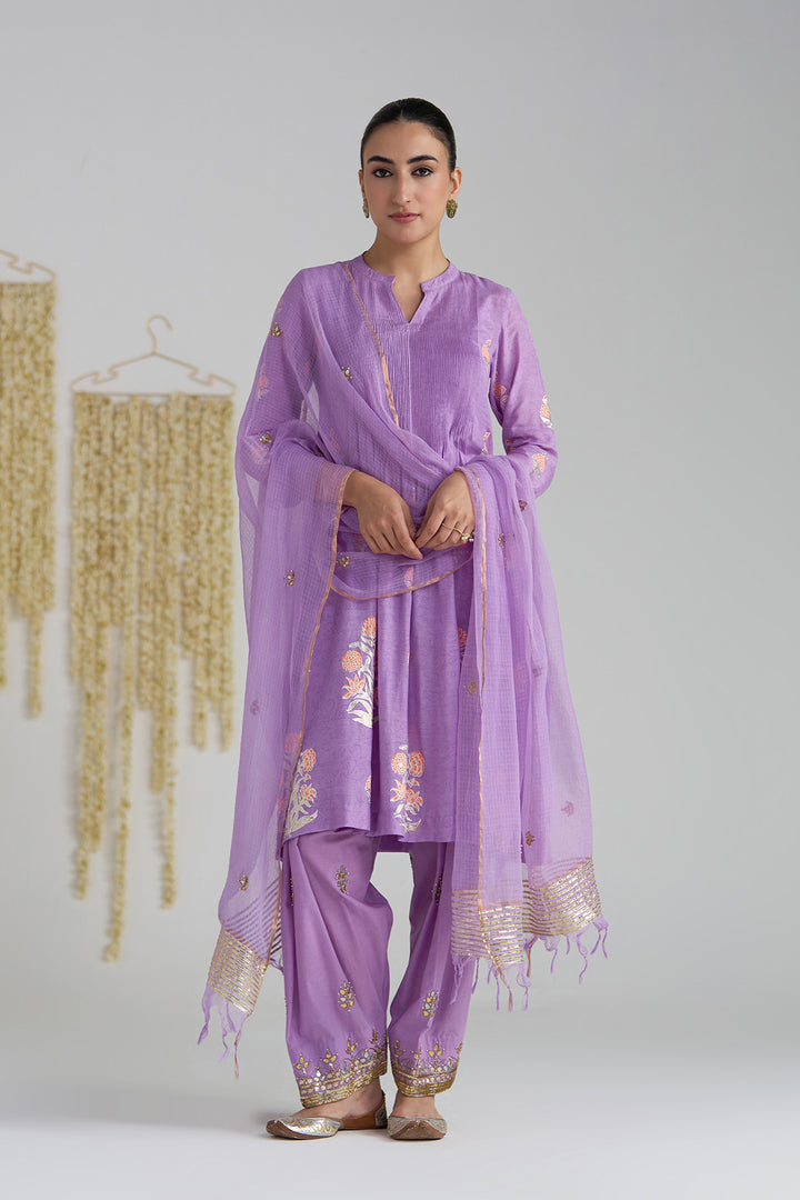 Gulnaar Lilac Foil Print Pintuck Kurta With Embroidered Salwar And Dupatta ( Set Of 3)