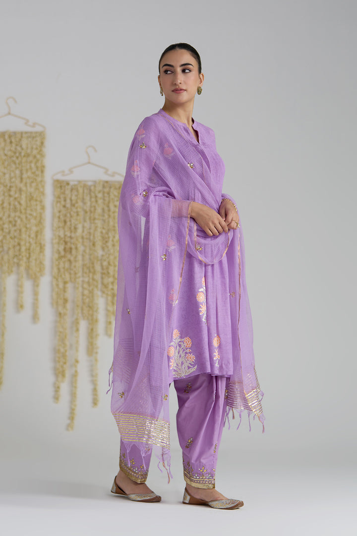 Gulnaar Lilac Foil Print Pintuck Kurta With Embroidered Salwar And Dupatta ( Set Of 3)
