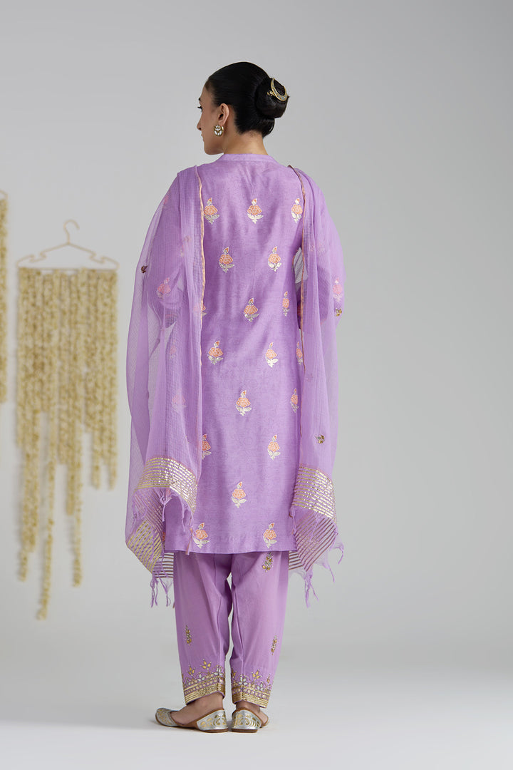 Gulnaar Lilac Foil Print Pintuck Kurta With Embroidered Salwar And Dupatta ( Set Of 3)