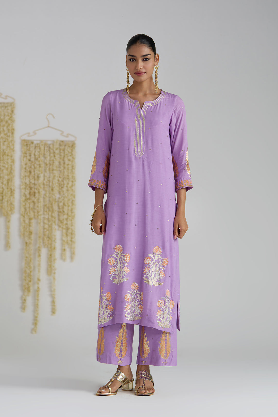 Gulnaar Lilac Foil Printed Straight Kurta With Palazzo And Dupatta ( Set Of 3)