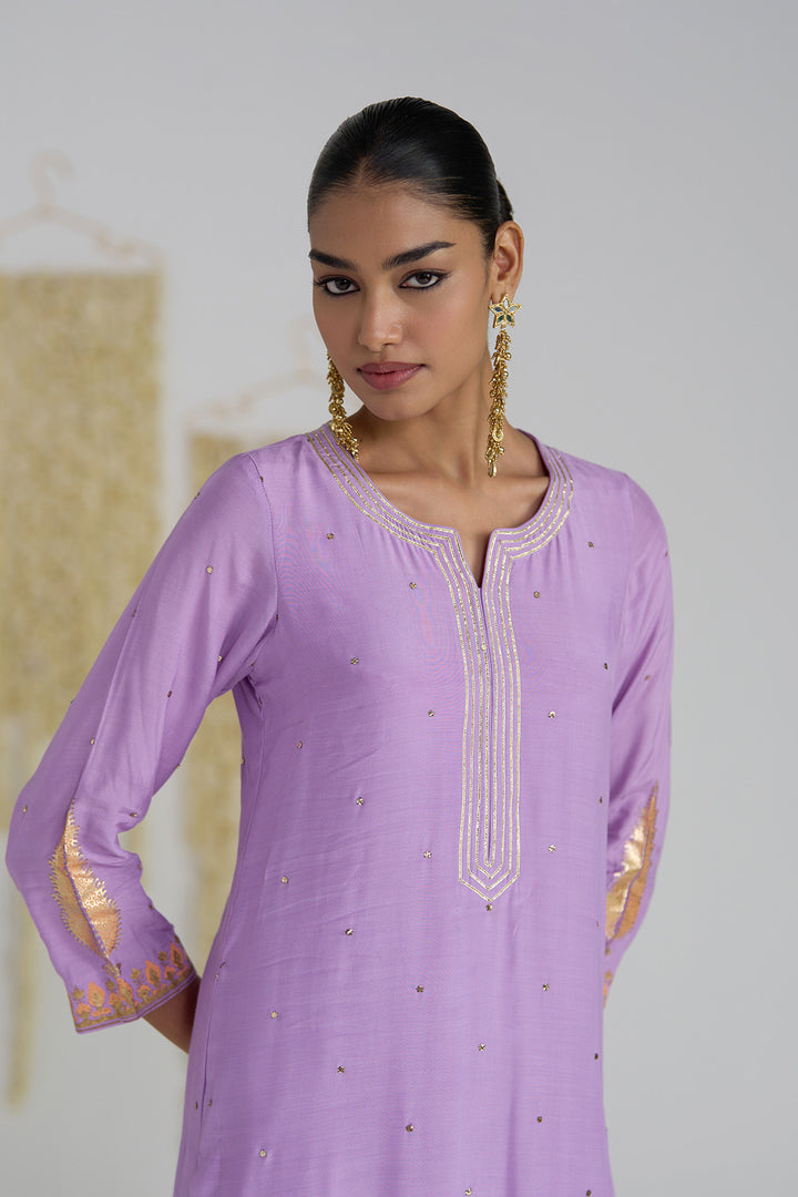 Gulnaar Lilac Foil Printed Straight Kurta With Palazzo And Dupatta ( Set Of 3)