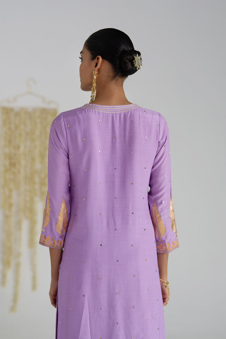 Gulnaar Lilac Foil Printed Straight Kurta With Palazzo And Dupatta ( Set Of 3)