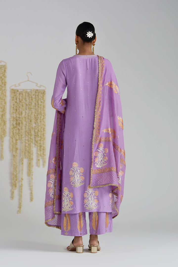 Gulnaar Lilac Foil Printed Straight Kurta With Palazzo And Dupatta ( Set Of 3)