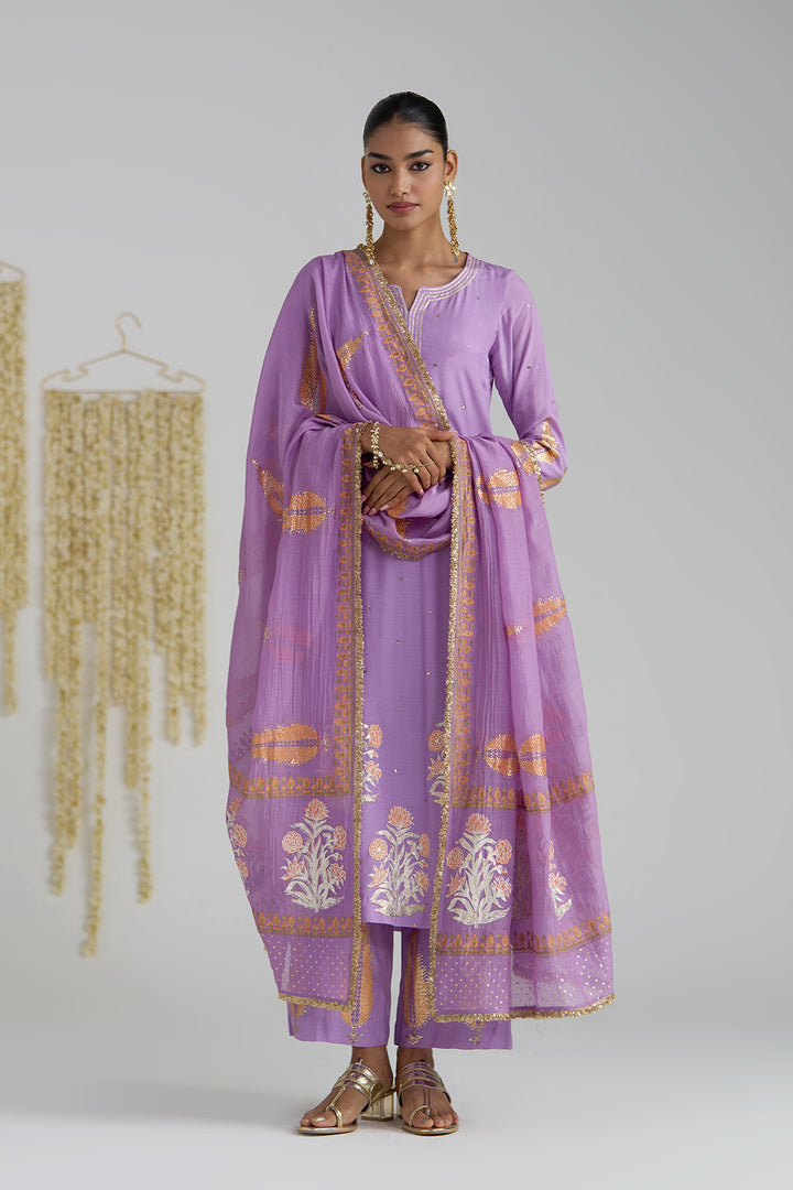 Gulnaar Lilac Foil Printed Straight Kurta With Palazzo And Dupatta ( Set Of 3)