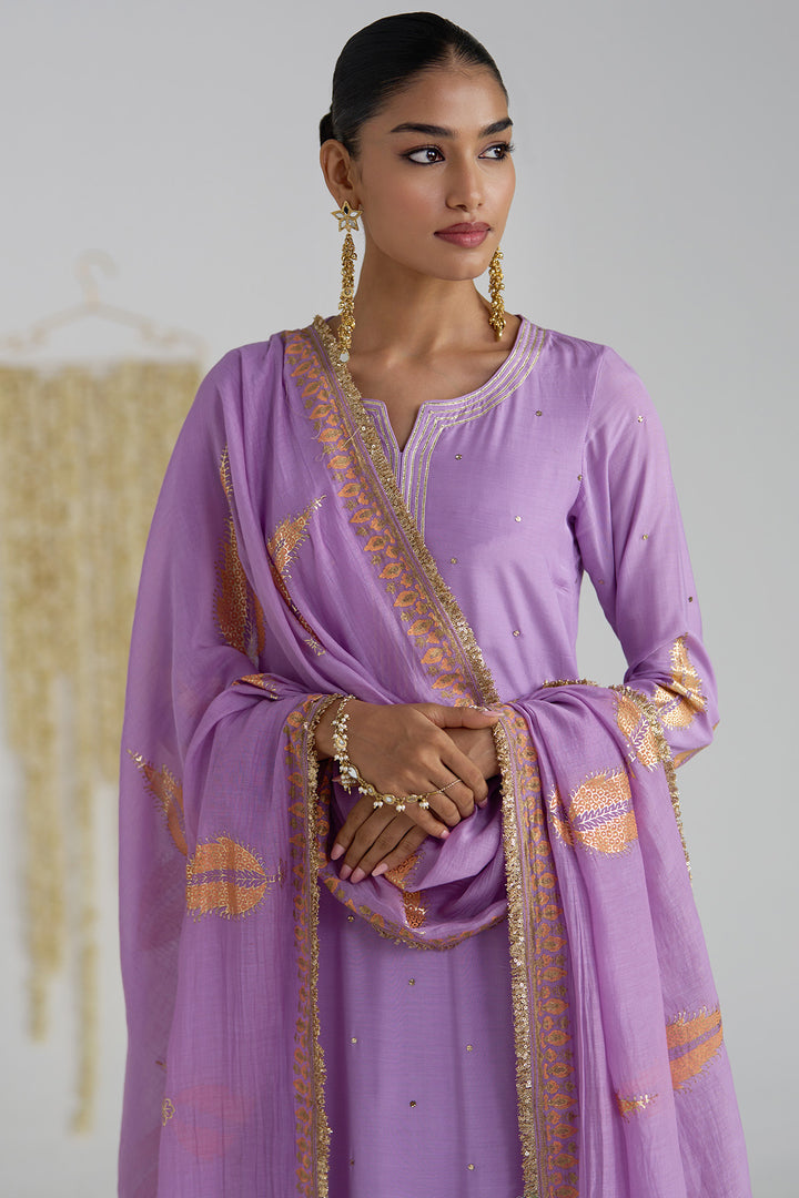 Gulnaar Lilac Foil Printed Straight Kurta With Palazzo And Dupatta ( Set Of 3)