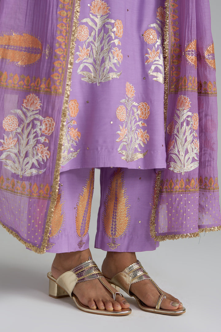 Gulnaar Lilac Foil Printed Straight Kurta With Palazzo And Dupatta ( Set Of 3)