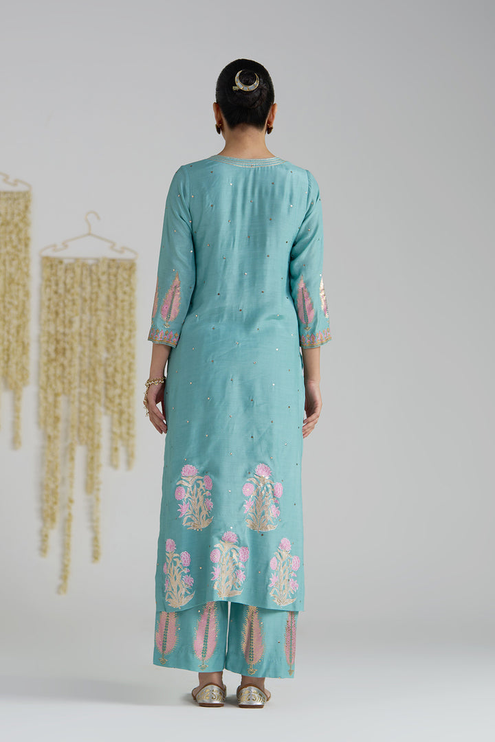 Gulnaar Turquoise Foil Printed Straight Kurta With Palazzo And Dupatta ( Set Of 3)