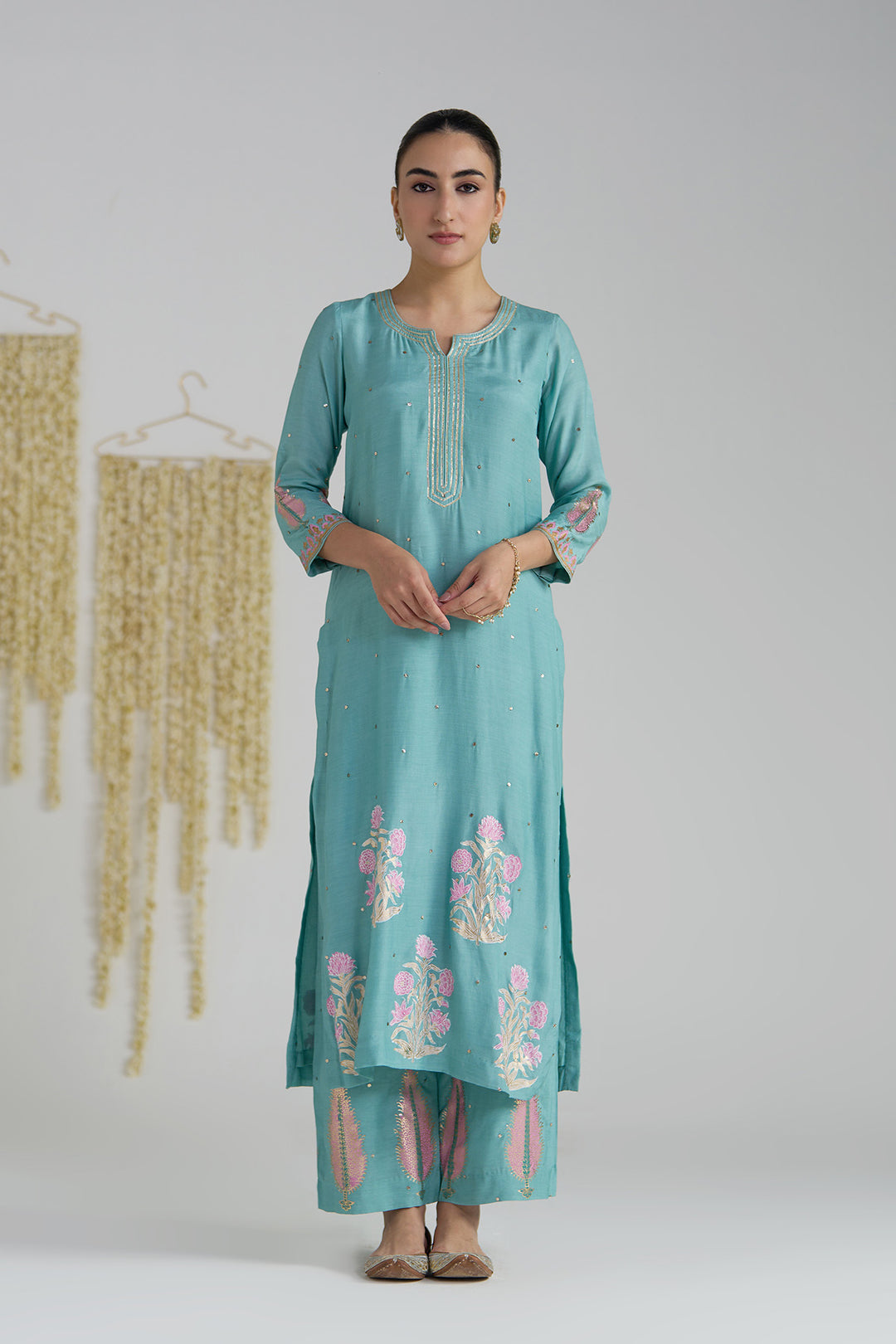 Gulnaar Turquoise Foil Printed Straight Kurta With Palazzo And Dupatta ( Set Of 3)