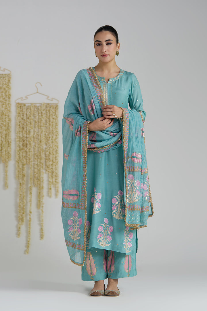 Gulnaar Turquoise Foil Printed Straight Kurta With Palazzo And Dupatta ( Set Of 3)