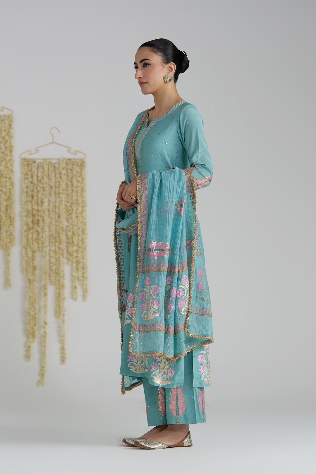 Gulnaar Turquoise Foil Printed Straight Kurta With Palazzo And Dupatta ( Set Of 3)