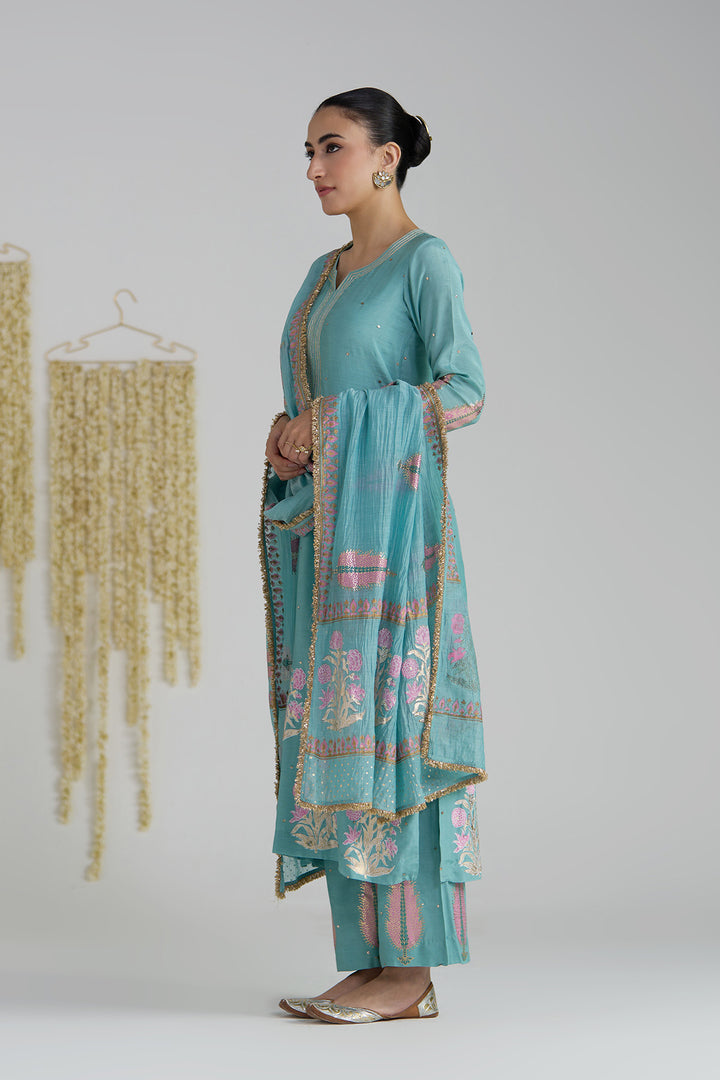 Gulnaar Turquoise Foil Printed Straight Kurta With Palazzo And Dupatta ( Set Of 3)