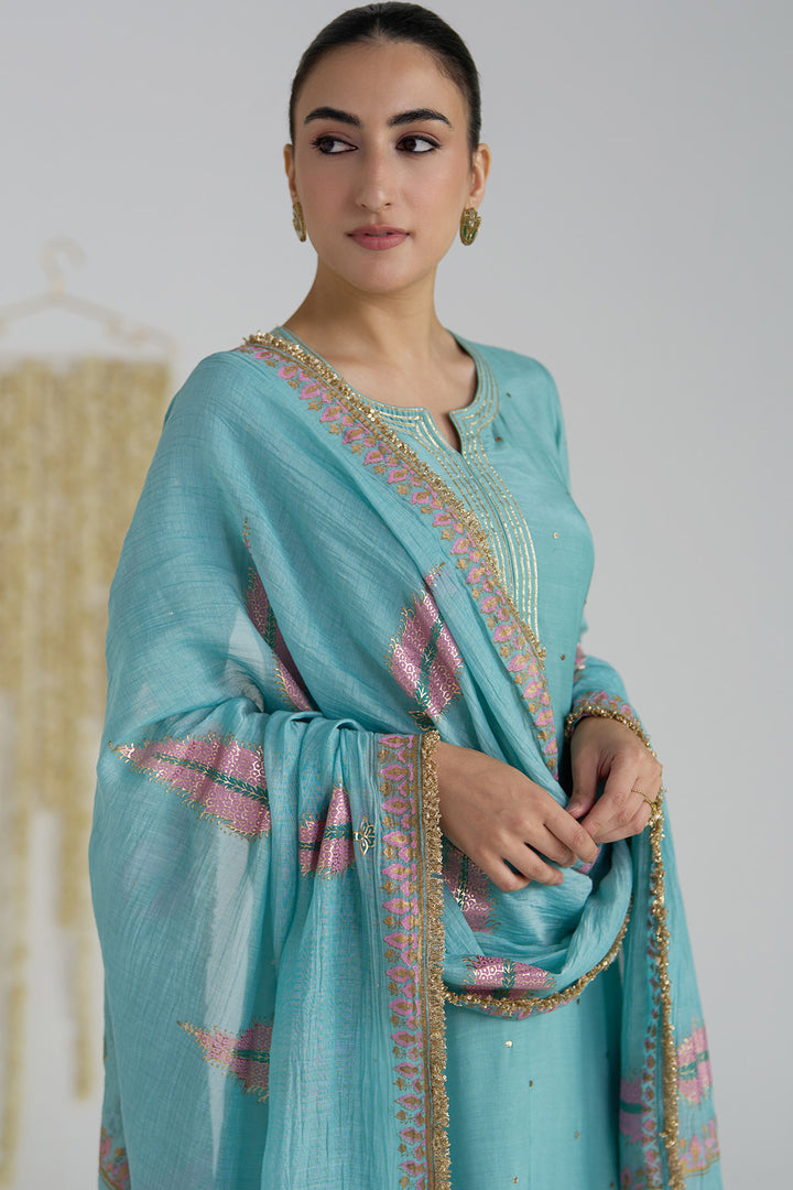 Gulnaar Turquoise Foil Printed Straight Kurta With Palazzo And Dupatta ( Set Of 3)