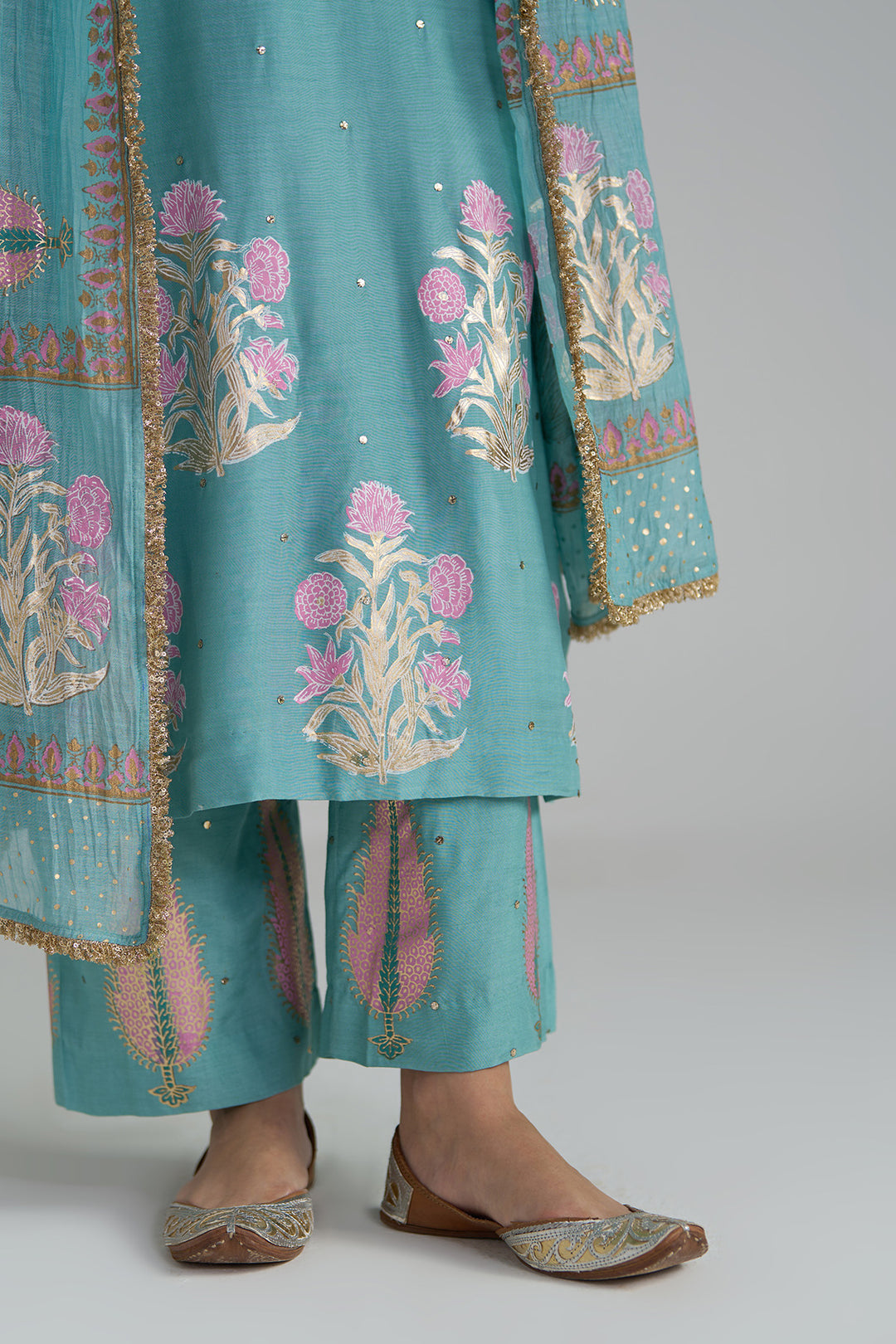 Gulnaar Turquoise Foil Printed Straight Kurta With Palazzo And Dupatta ( Set Of 3)