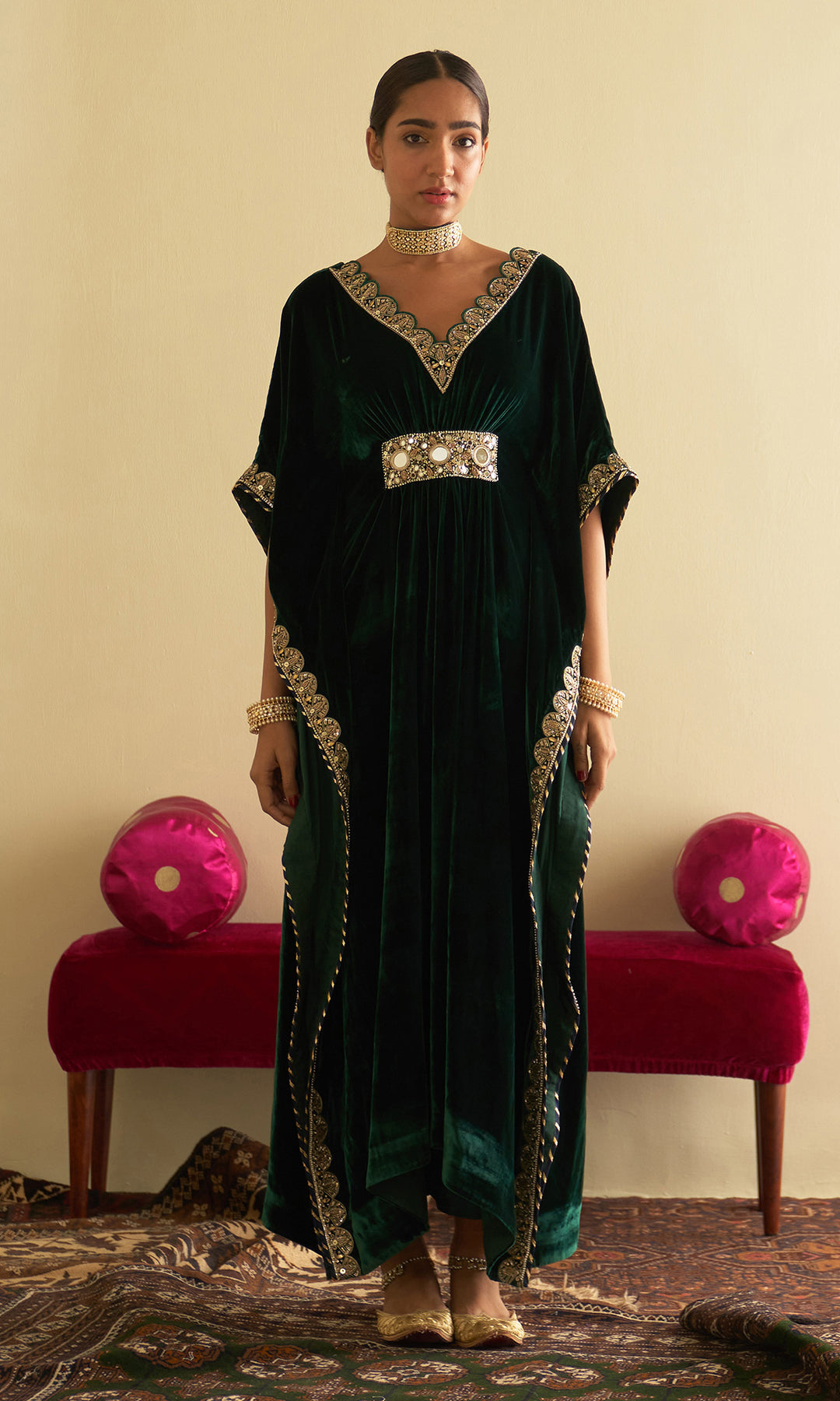 Sufiya Velvet Embroidered Green Velvet Kaftan with palazzo (set of 2), XL Sufiya Velvet Embroidered Green Velvet Kaftan with palazzo (set of 2), XL