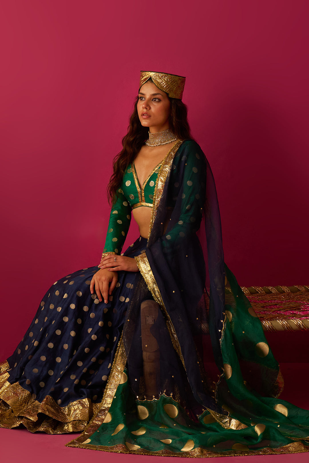 Nur Blue double layer gota lehenga with blouse and dual colour dupatta (set of 3)