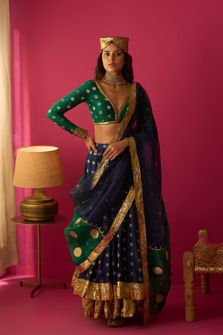 Nur Blue double layer gota lehenga with blouse and dual colour dupatta (set of 3)