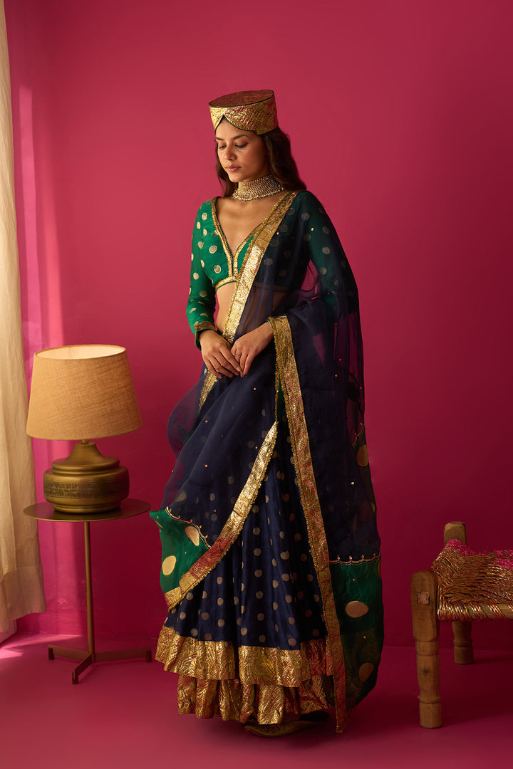 Nur Blue double layer gota lehenga with blouse and dual colour dupatta (set of 3)