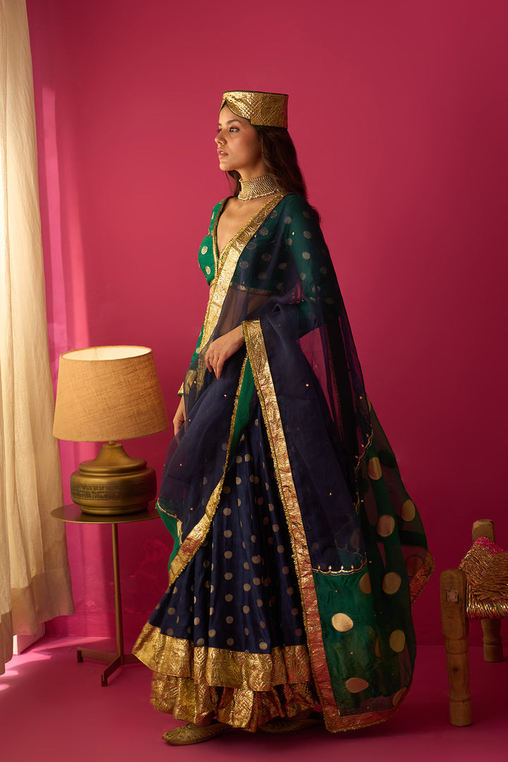 Nur Blue double layer gota lehenga with blouse and dual colour dupatta (set of 3)