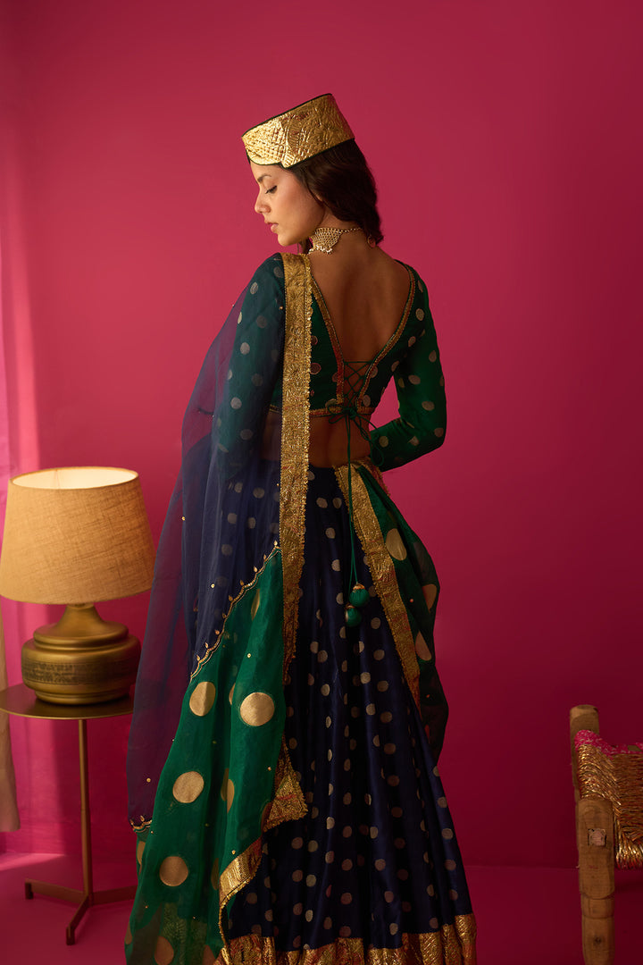 Nur Blue double layer gota lehenga with blouse and dual colour dupatta (set of 3)