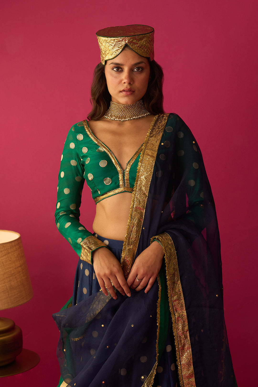 Nur Blue double layer gota lehenga with blouse and dual colour dupatta (set of 3)