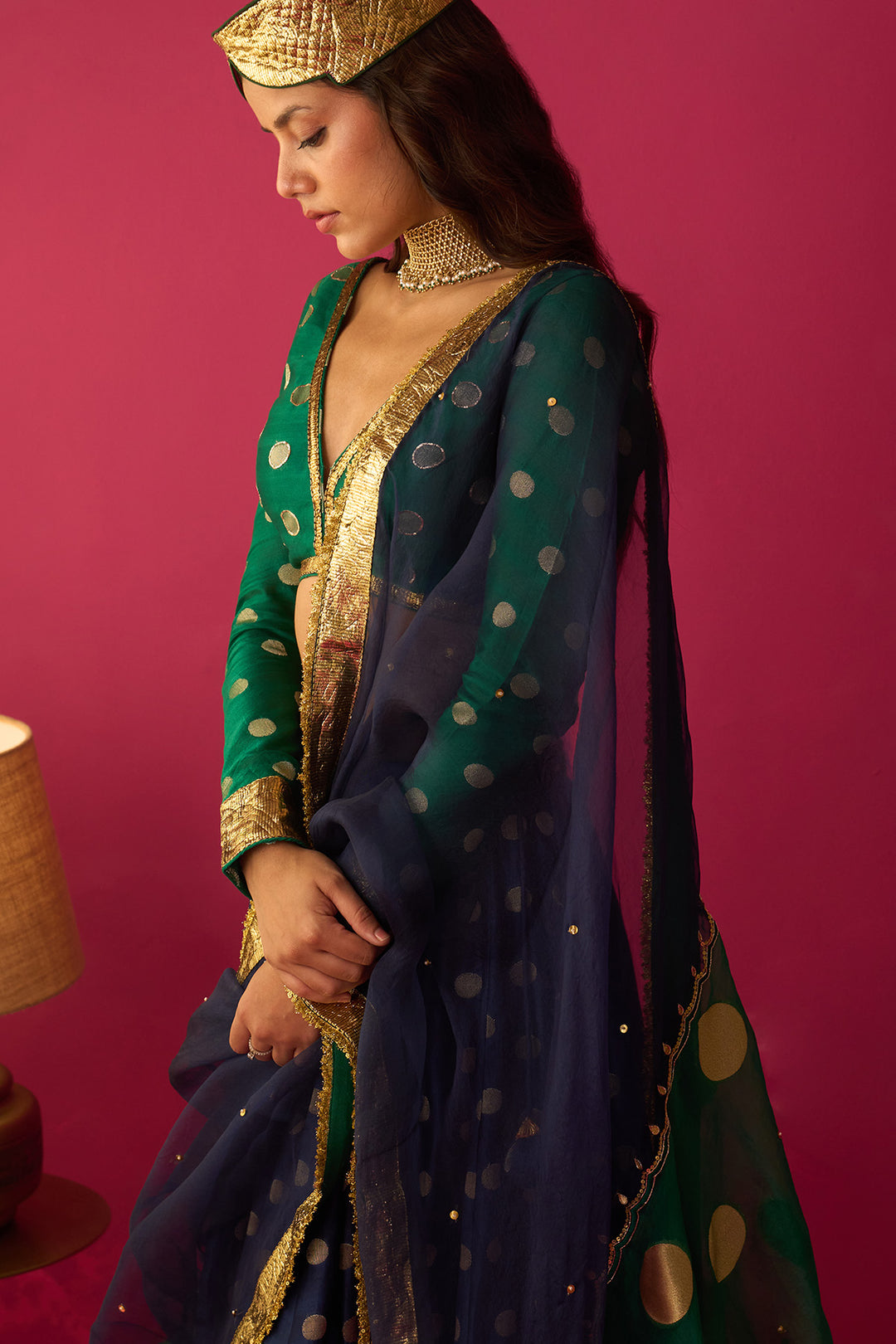 Nur Blue double layer gota lehenga with blouse and dual colour dupatta (set of 3)
