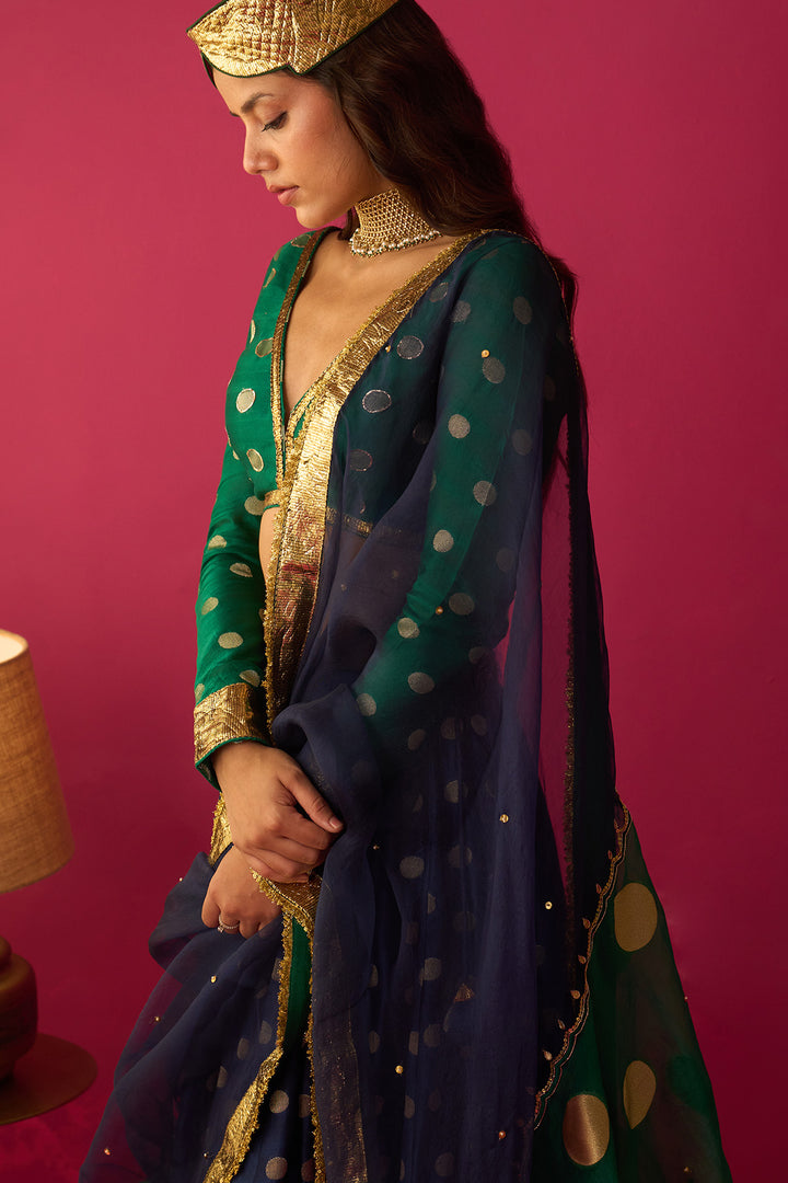 Nur Blue double layer gota lehenga with blouse and dual colour dupatta (set of 3)