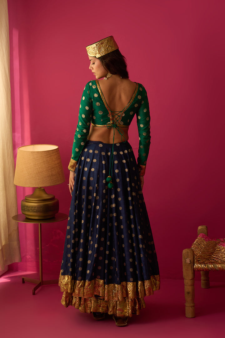 Nur Blue double layer gota lehenga with blouse and dual colour dupatta (set of 3)