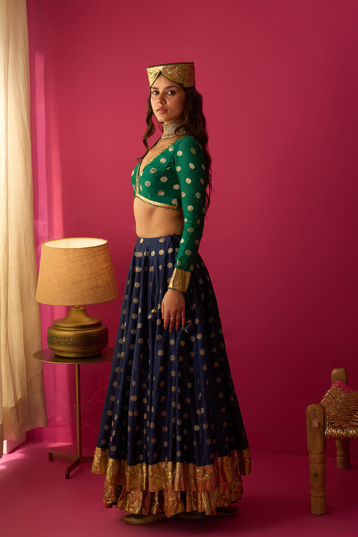 Nur Blue double layer gota lehenga with blouse and dual colour dupatta (set of 3)