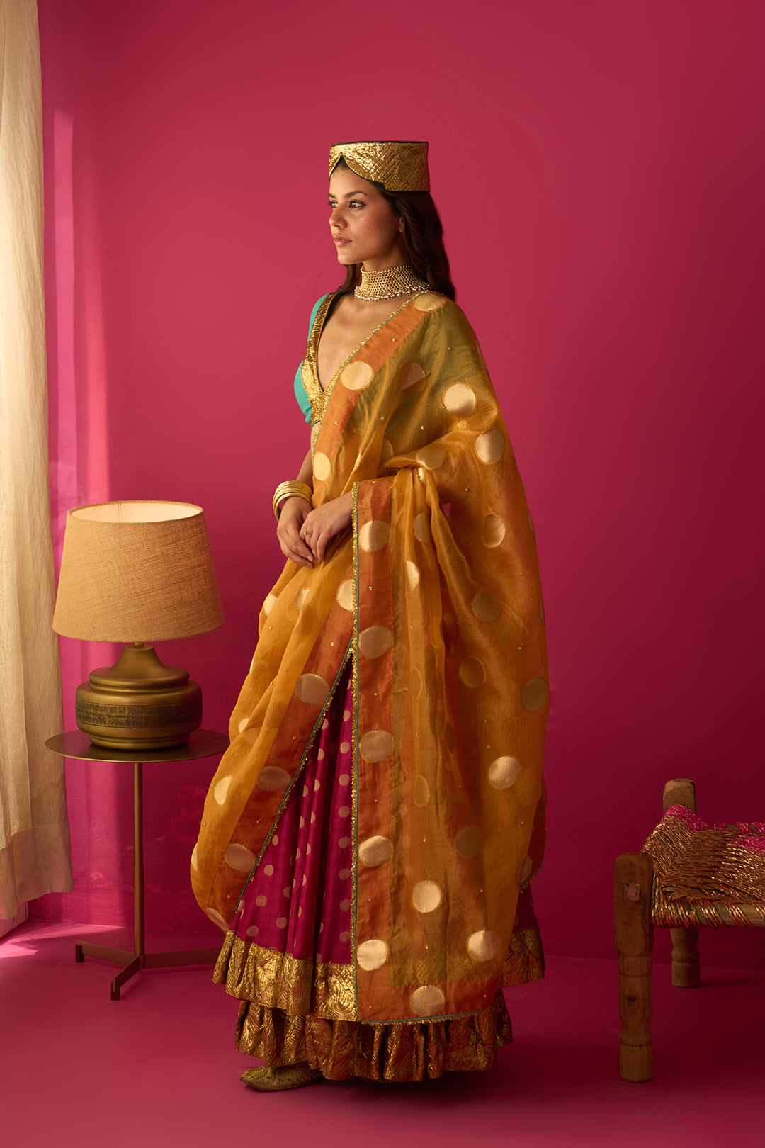 Nur pink double layer gota lehenga with blouse and mustard dupatta (set of 3)