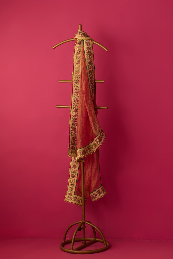 Nur pink crush tissue block printed border dupatta