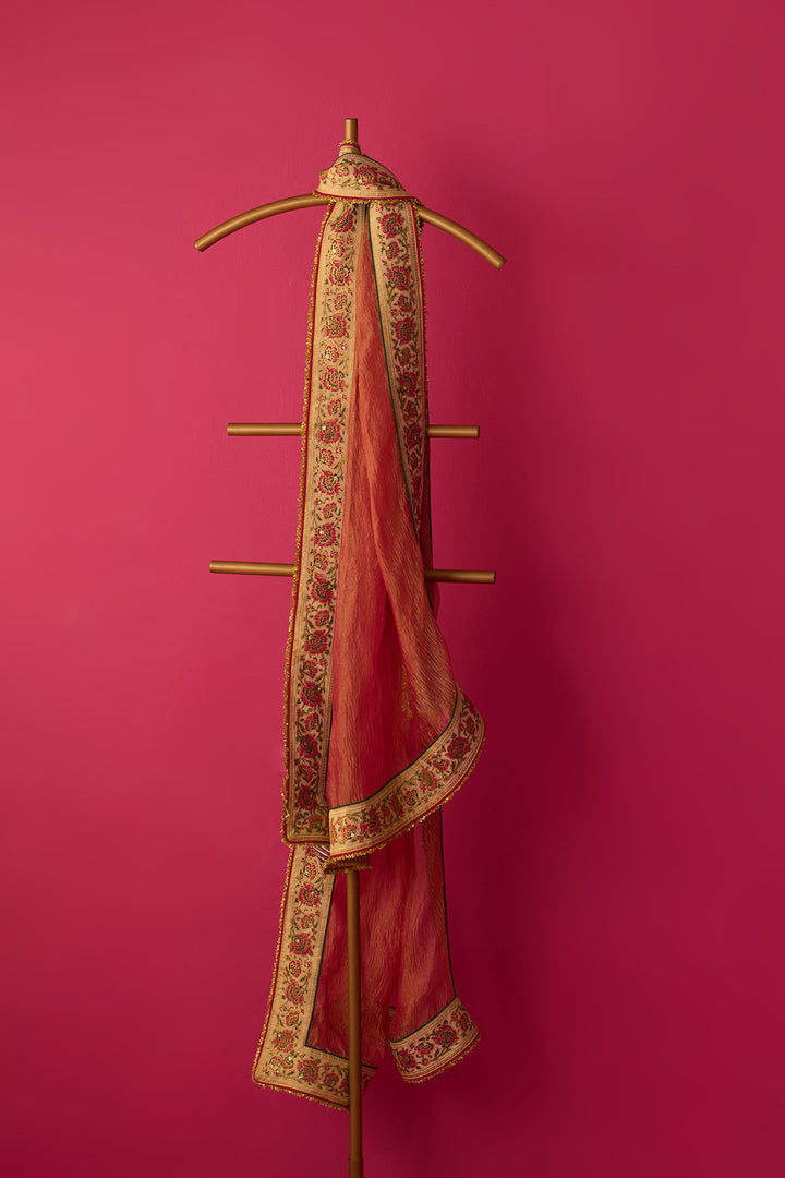 Nur pink crush tissue block printed border dupatta