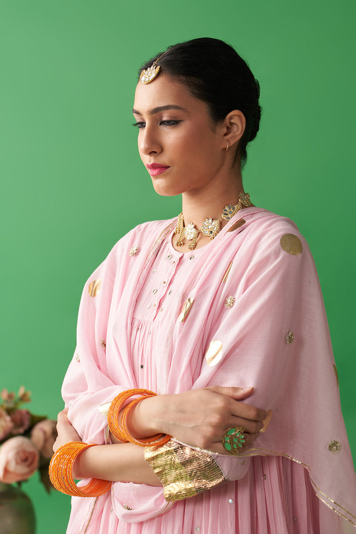 Jhoom soft pink kurta with flared palazzo and foil print chand dupatta (set of 3)