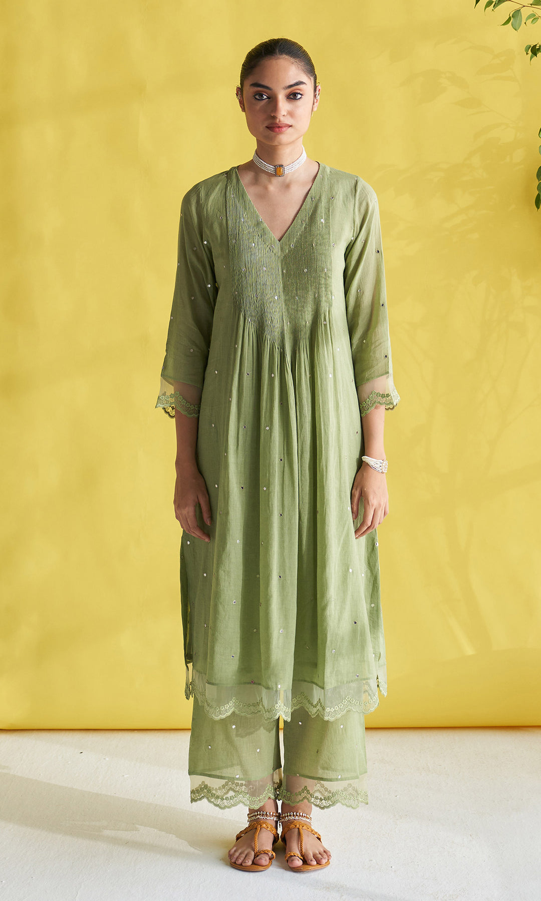 Gulmohar Green Pintuck Kurta With Palazzo And Block Printed Dupatta (Set Of 3)