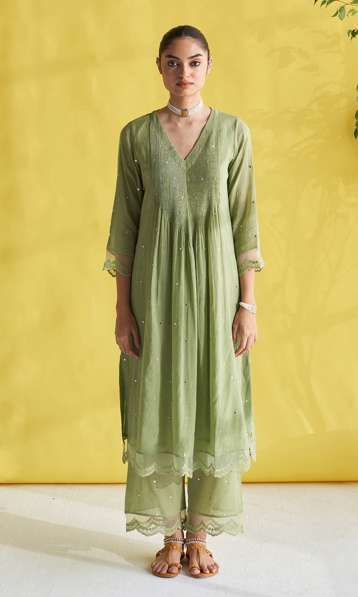 Gulmohar Green Pintuck Kurta With Palazzo And Block Printed Dupatta (Set Of 3)