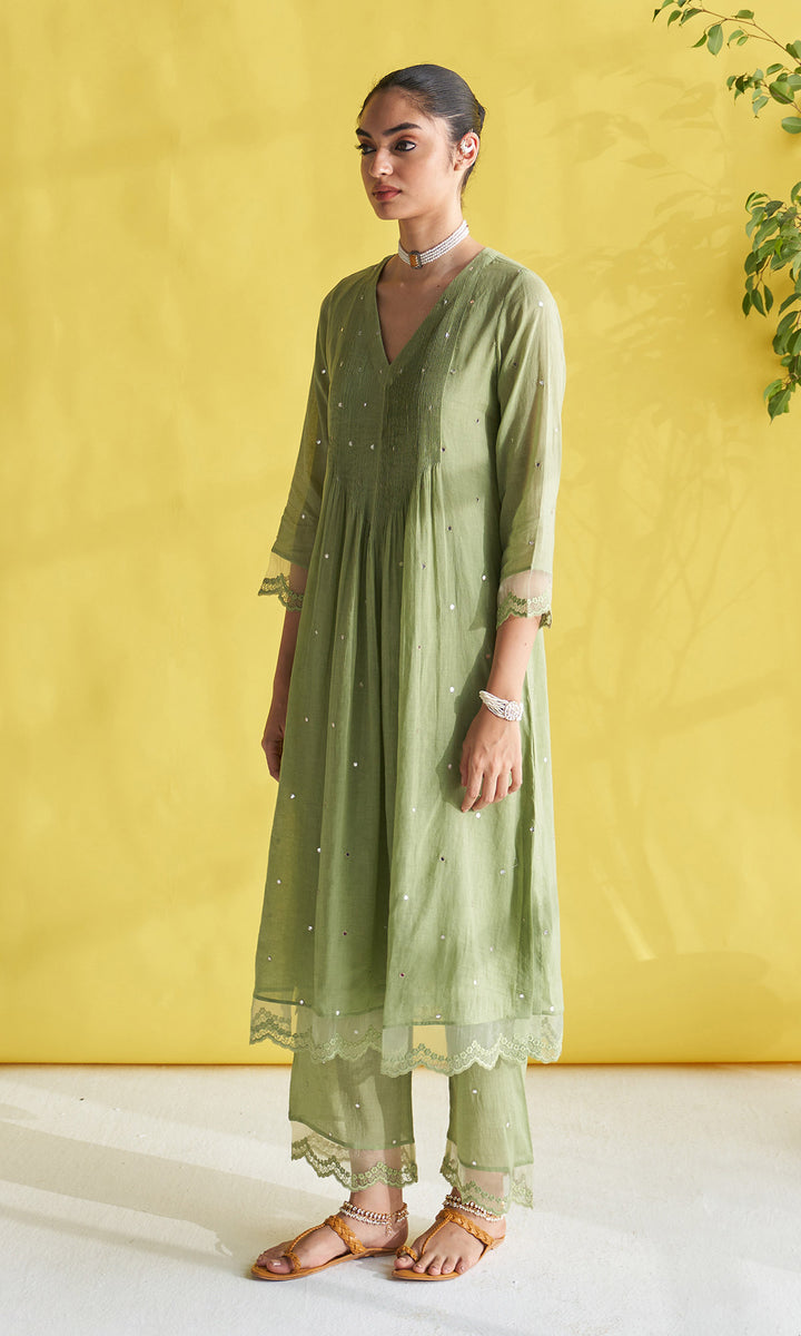 Gulmohar Green Pintuck Kurta With Palazzo And Block Printed Dupatta (Set Of 3)
