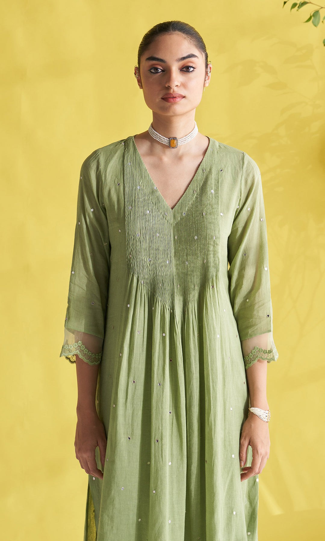 Gulmohar Green Pintuck Kurta With Palazzo And Block Printed Dupatta (Set Of 3)