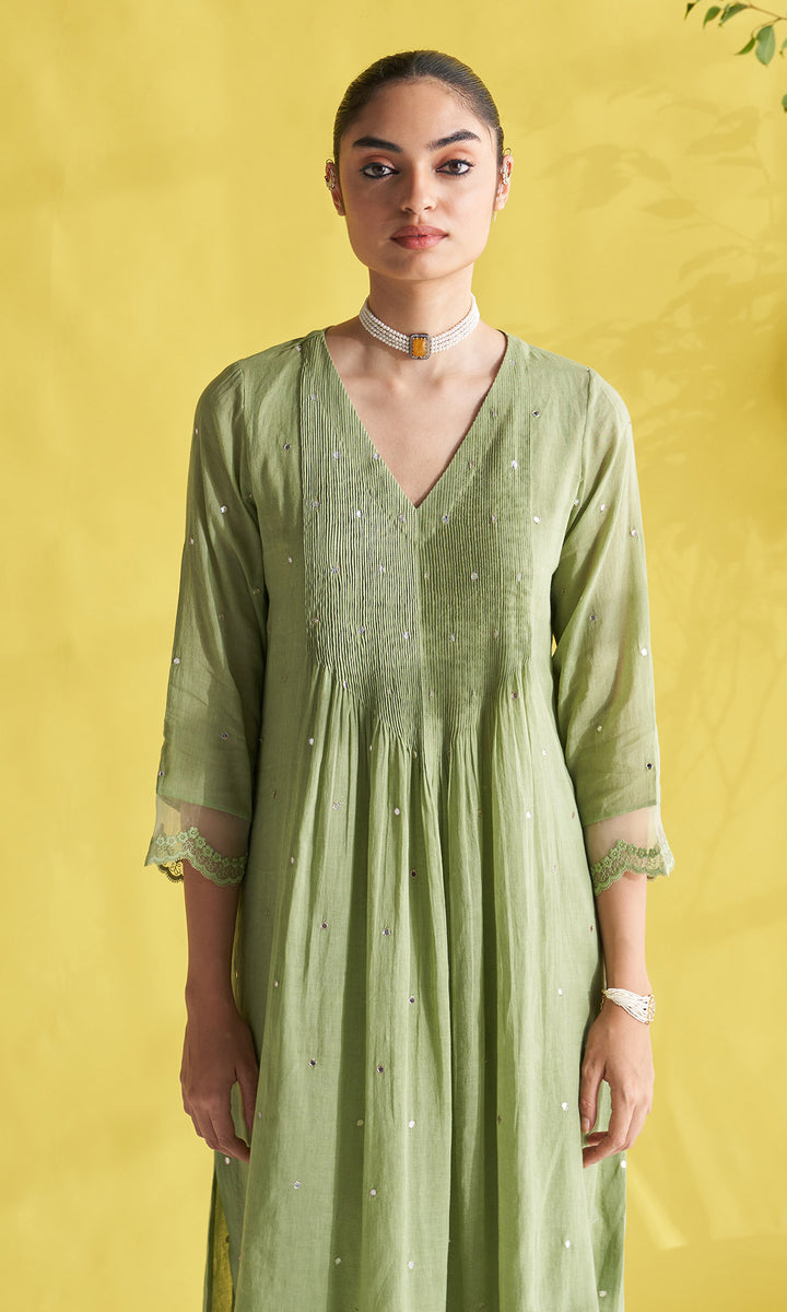 Gulmohar Green Pintuck Kurta With Palazzo And Block Printed Dupatta (Set Of 3)