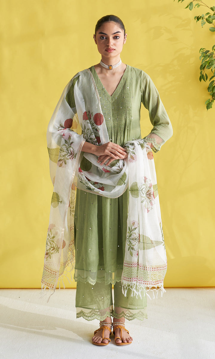Gulmohar Green Pintuck Kurta With Palazzo And Block Printed Dupatta (Set Of 3)