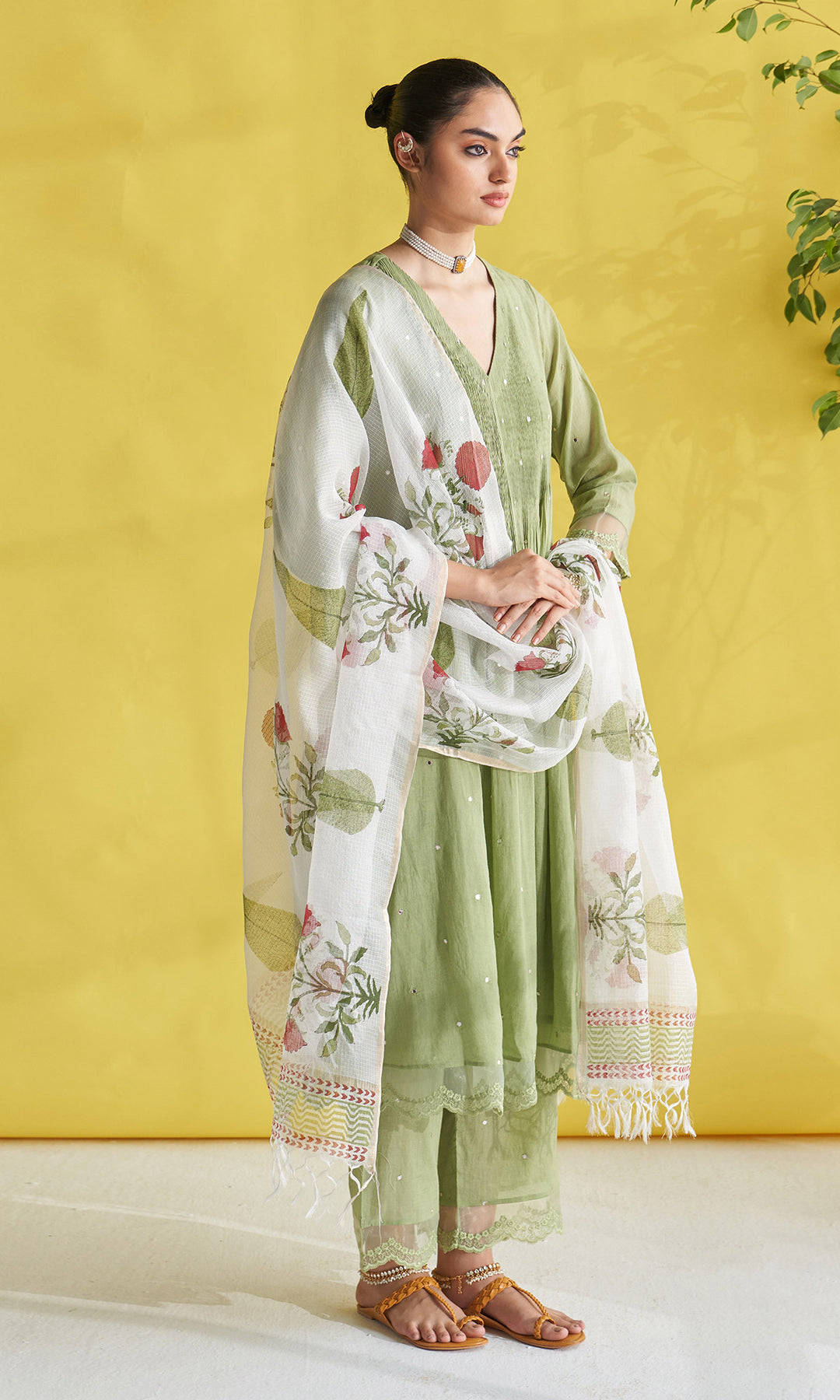Gulmohar Green Pintuck Kurta With Palazzo And Block Printed Dupatta (Set Of 3)