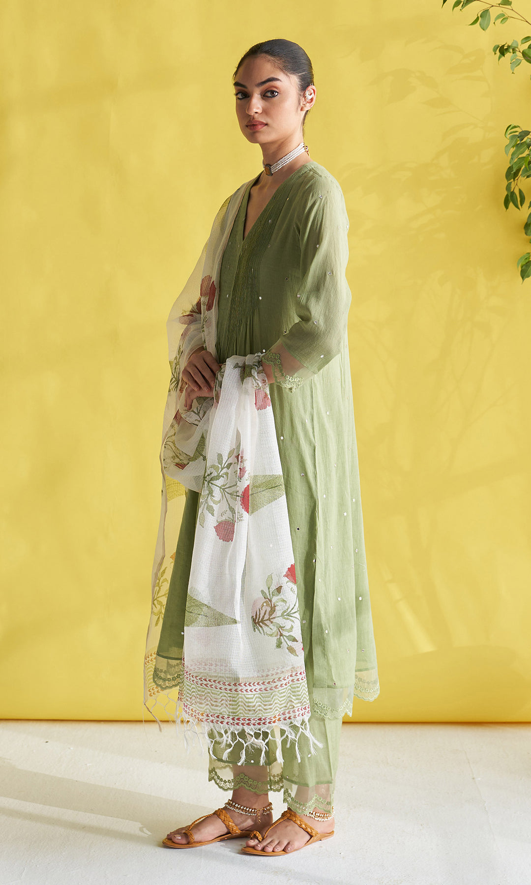 Gulmohar Green Pintuck Kurta With Palazzo And Block Printed Dupatta (Set Of 3)