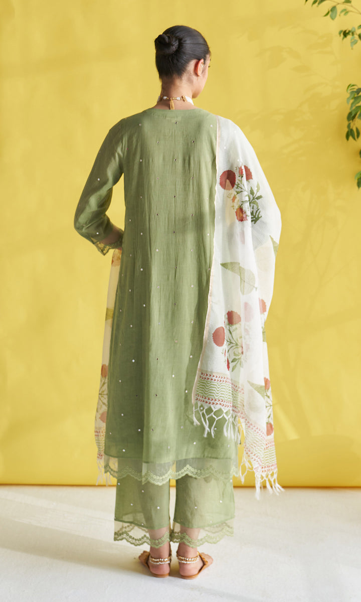 Gulmohar Green Pintuck Kurta With Palazzo And Block Printed Dupatta (Set Of 3)