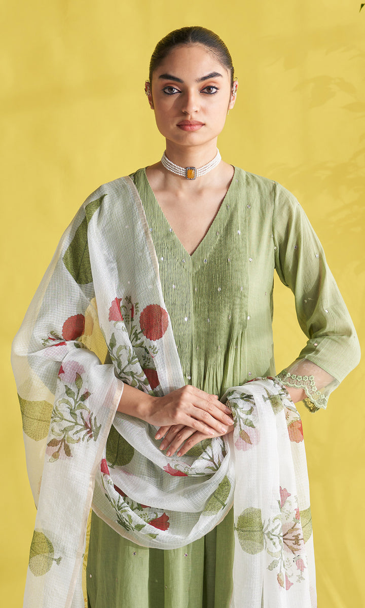 Gulmohar Green Pintuck Kurta With Palazzo And Block Printed Dupatta (Set Of 3)