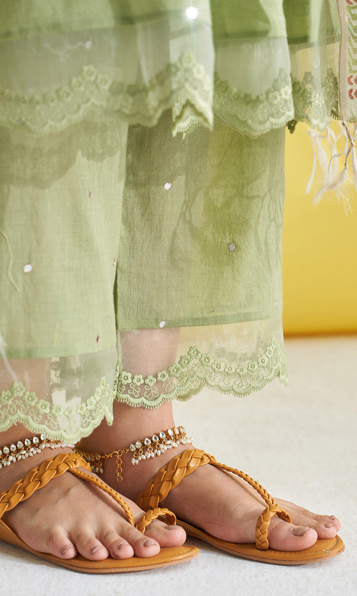 Gulmohar Green Pintuck Kurta With Palazzo And Block Printed Dupatta (Set Of 3)