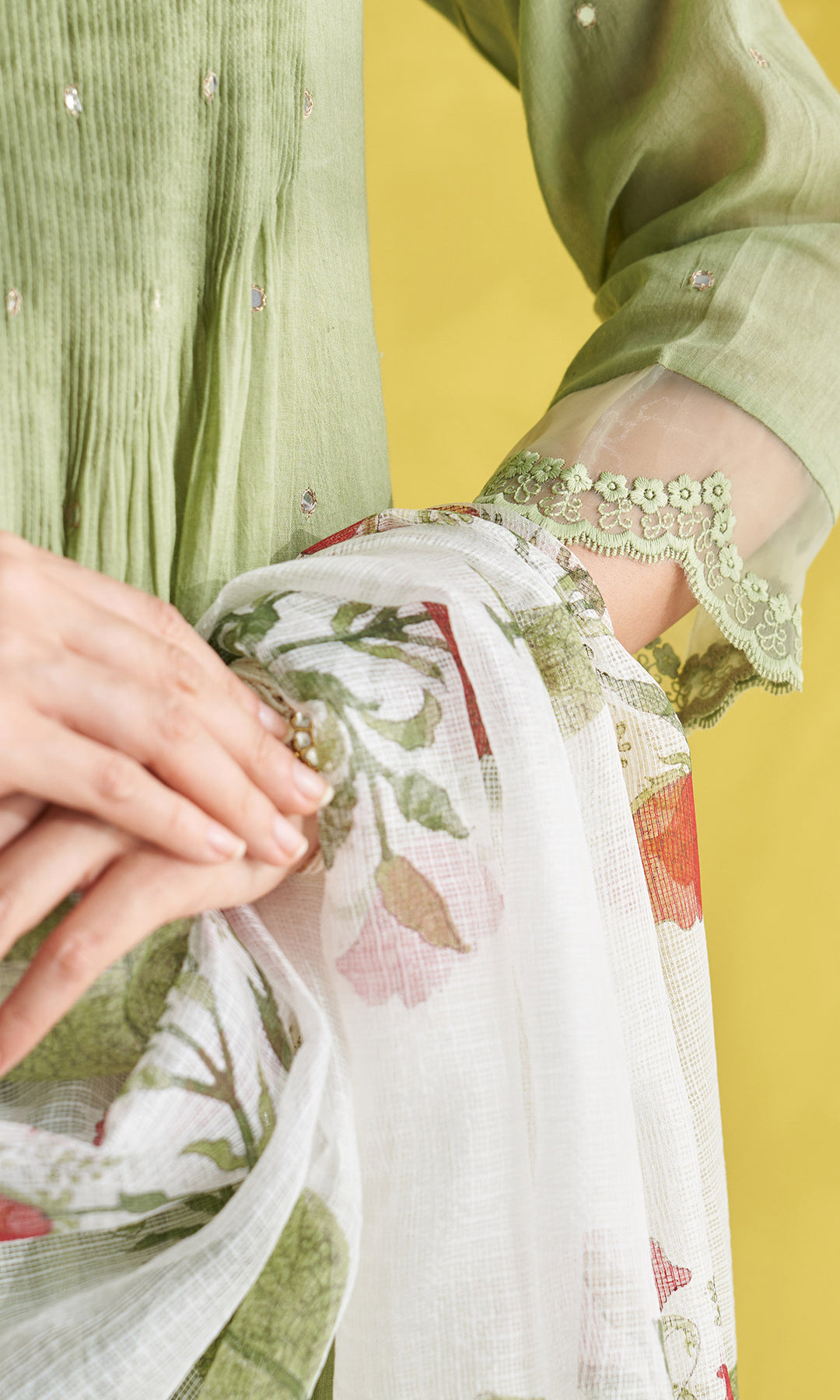 Gulmohar Green Pintuck Kurta With Palazzo And Block Printed Dupatta (Set Of 3)