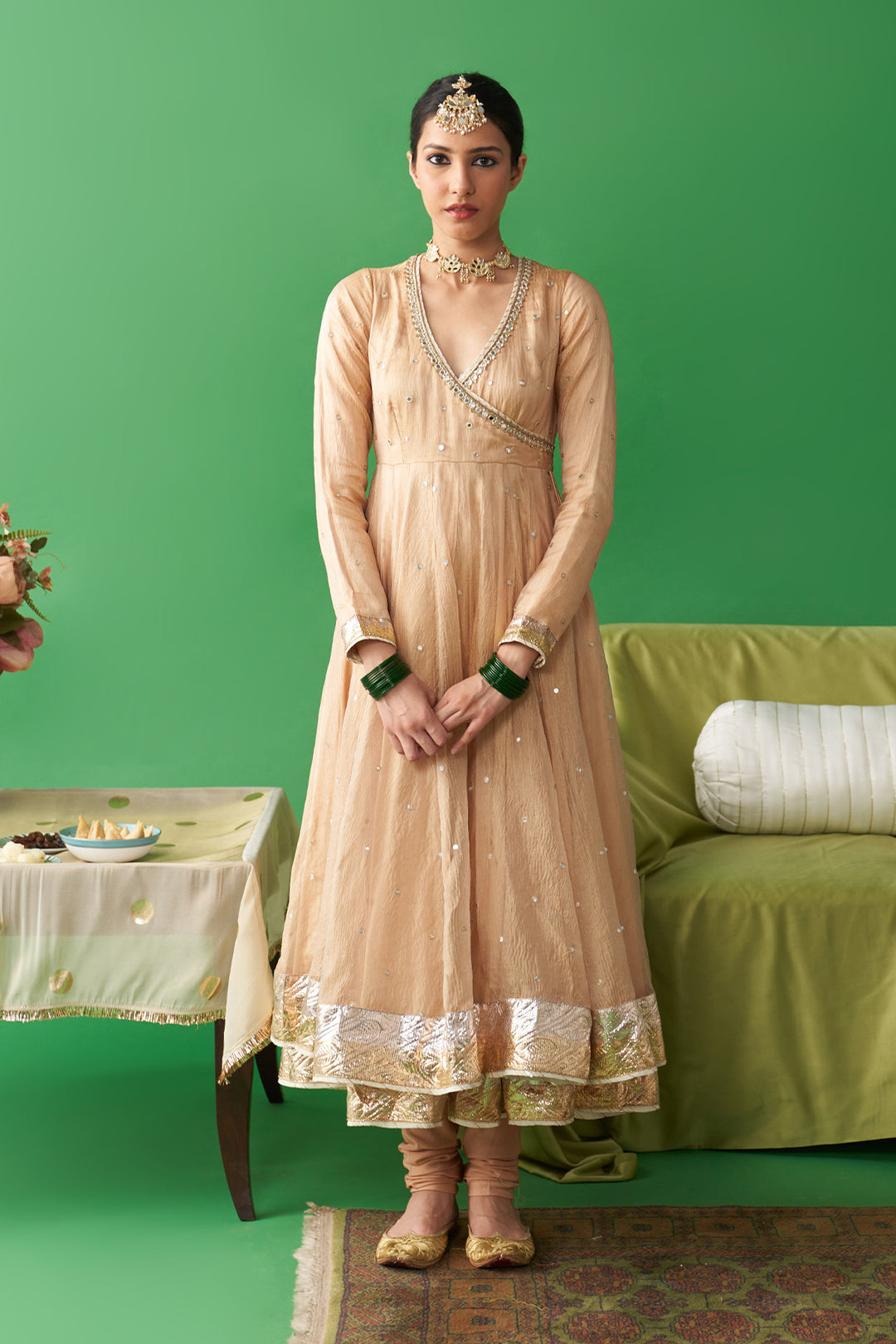 Jhoom Gold tissue angrakha anarkali with chooridar and foil printed chand dupatta (set of 3)