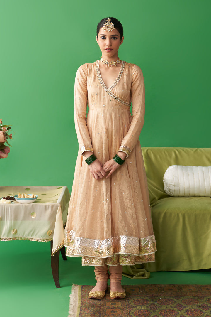 Jhoom Gold tissue angrakha anarkali with chooridar and foil printed chand dupatta (set of 3)